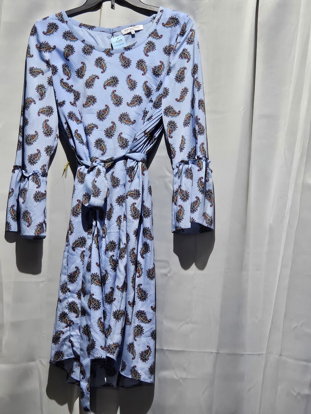 Kobi Halperin Y2K Light Blue Paisley Bell Sleeve Shift Dress With Matching Belt - Picture 2 of 5